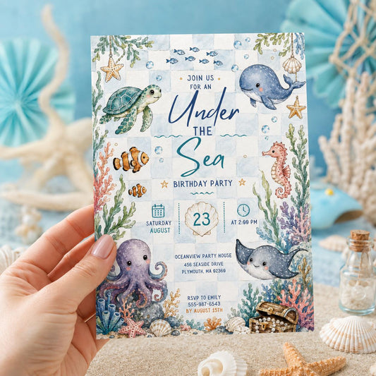 Editable Oneder the Sea Birthday Invitation Canva Template, Boys Kids Cute Fun DIY Sweet Chic Teen Party Invite, Printable Digital Download.
