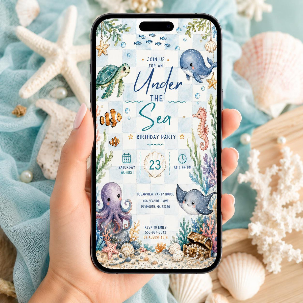 Editable Oneder the Sea Birthday Invitation Canva Template, Boys Kids Cute Fun DIY Sweet Chic Teen Party Invite, Printable Digital Download.