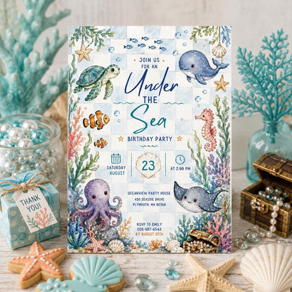 Editable Oneder the Sea Birthday Invitation Canva Template, Boys Kids Cute Fun DIY Sweet Chic Teen Party Invite, Printable Digital Download.