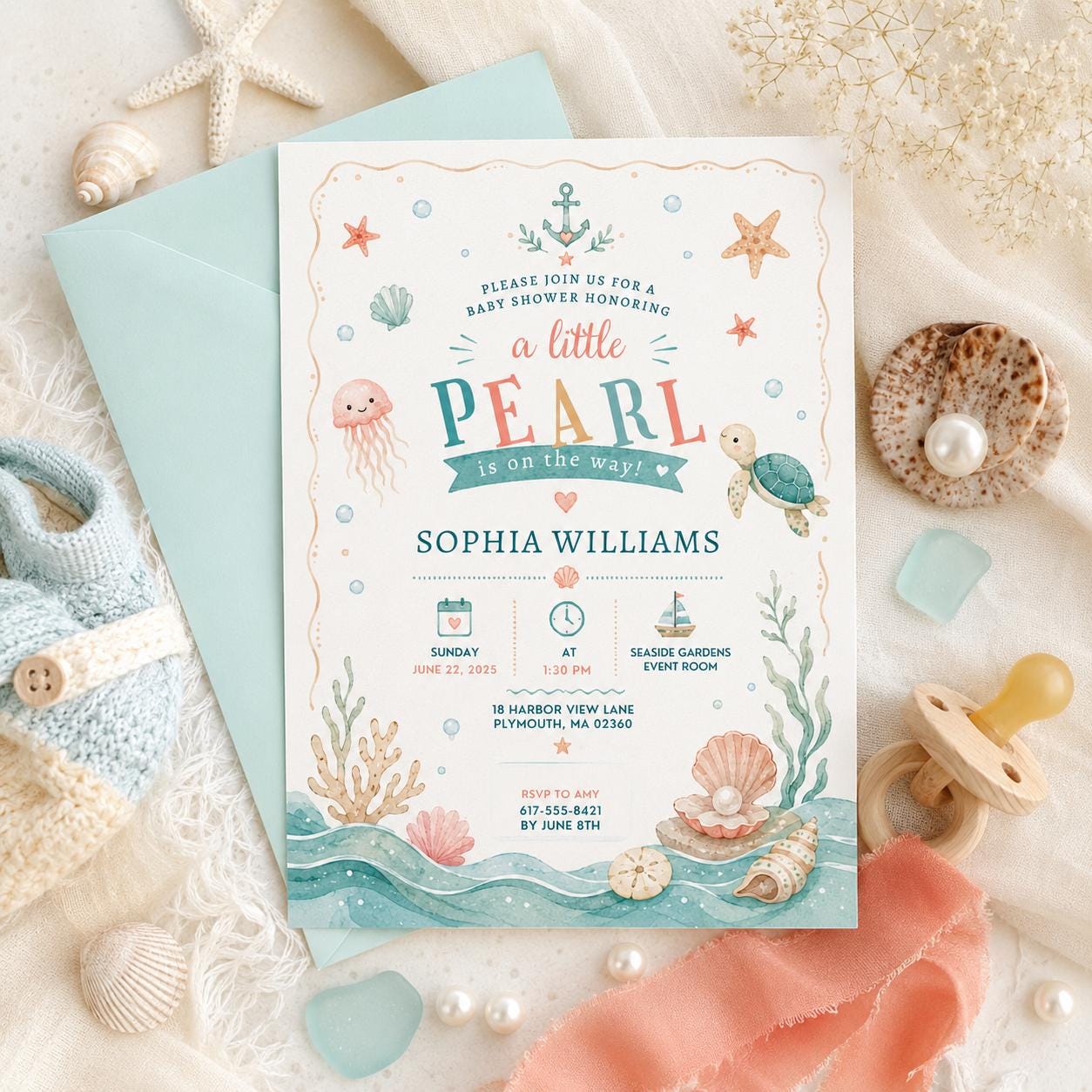 Editable Coastal Seashell Baby Shower Invitation Canva Template, Girls Kids Cute Fun DIY Chic Teen Party Invite, Printable Digital Download.