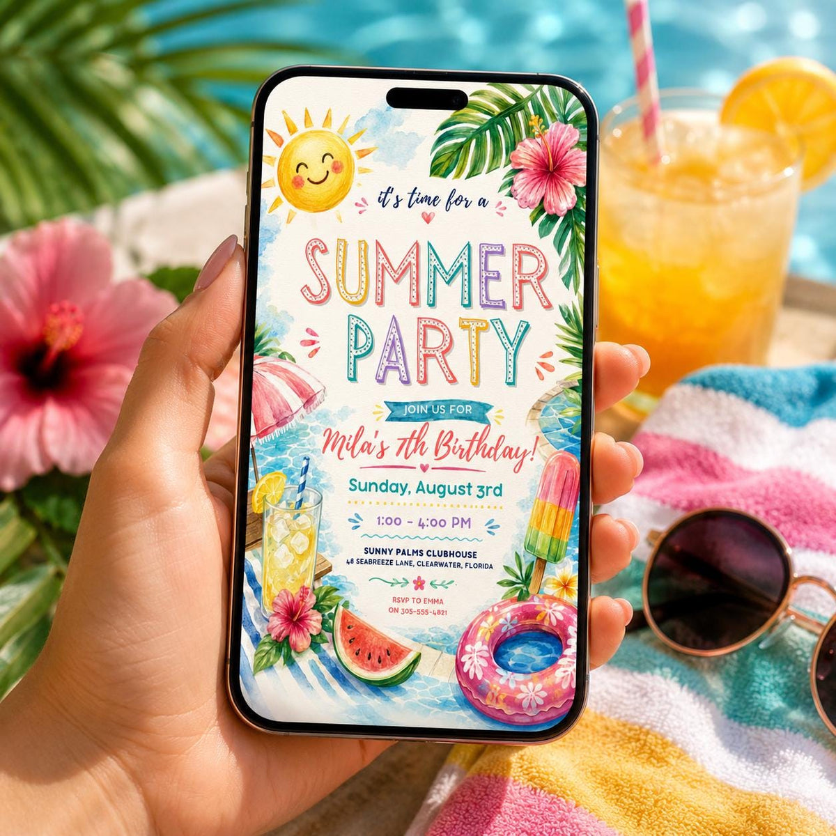 Editable Summer Birthday Invitation Canva Template, Pastel Kids Cute Fun DIY Sweet Chic Teen Tween Party Invite, Printable Digital Download.