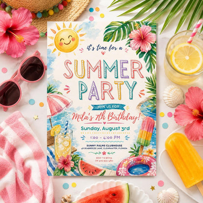 Editable Summer Birthday Invitation Canva Template, Pastel Kids Cute Fun DIY Sweet Chic Teen Tween Party Invite, Printable Digital Download.
