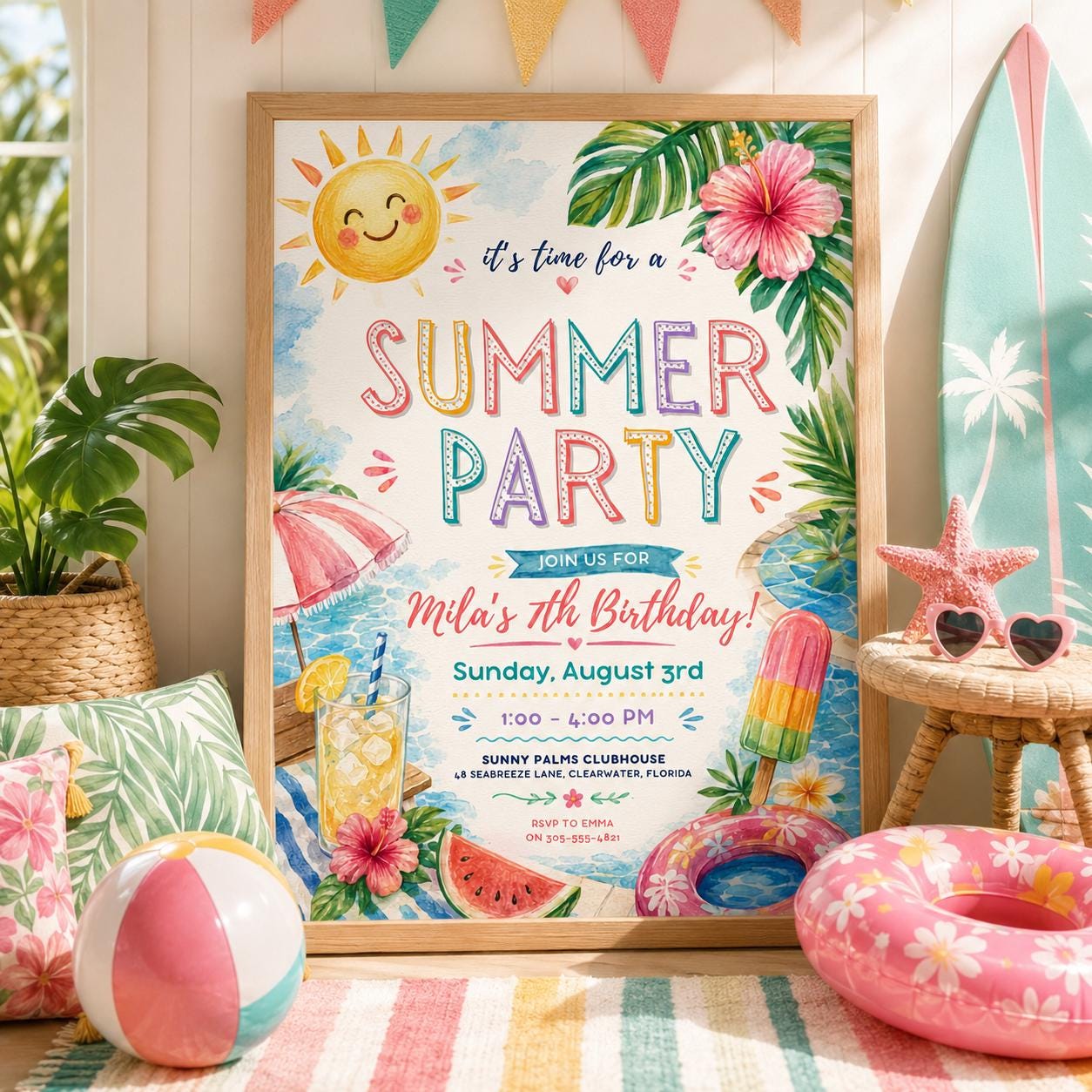 Editable Summer Birthday Invitation Canva Template, Pastel Kids Cute Fun DIY Sweet Chic Teen Tween Party Invite, Printable Digital Download.