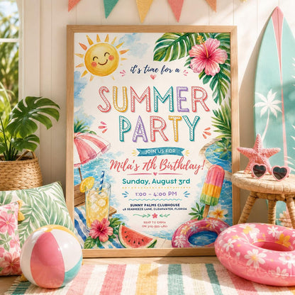 Editable Summer Birthday Invitation Canva Template, Pastel Kids Cute Fun DIY Sweet Chic Teen Tween Party Invite, Printable Digital Download.