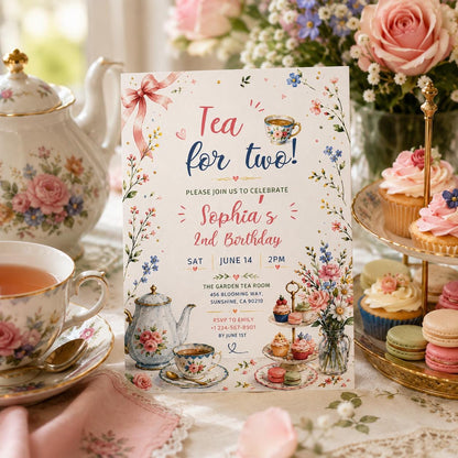 Editable Tea Birthday Invitation Canva Template, Pink Blush Girls Kids Adult Tea Cute Fun DIY Chic Party Invite, Printable Digital Download.