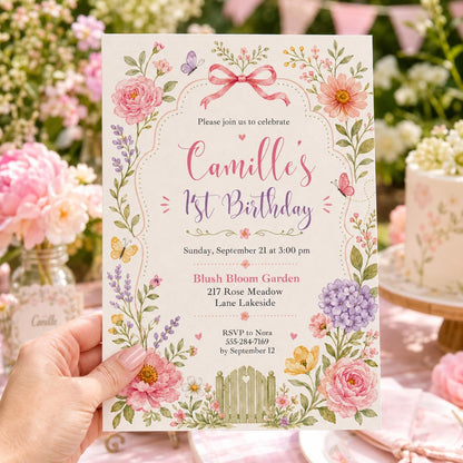 Editable Pink Bow Birthday Invitation Canva Template, Boho Floral Girls Kids Bow Cute Fun DIY Chic Party Invite, Printable Digital Download.