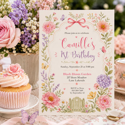 Editable Pink Bow Birthday Invitation Canva Template, Boho Floral Girls Kids Bow Cute Fun DIY Chic Party Invite, Printable Digital Download.