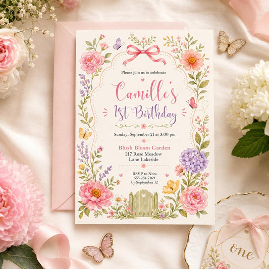 Editable Pink Bow Birthday Invitation Canva Template, Boho Floral Girls Kids Bow Cute Fun DIY Chic Party Invite, Printable Digital Download.