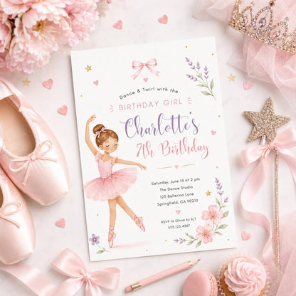 Editable Ballet Birthday Invitation Canva Template, Pink Pastel Cute Girls Fun DIY Sweet Chic Kids Party Invite, Printable Digital Download.