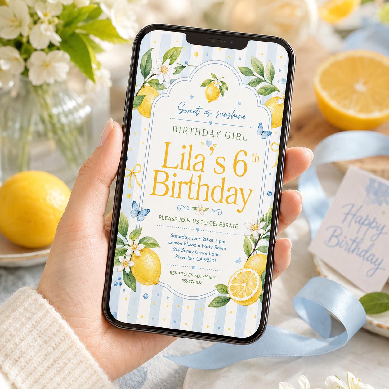 Editable Lemon Freshly 6th Graduation Invitation Canva Template, Girls Kids Cute Fun DIY Chic Teen Party Invite, Printable Digital Download.