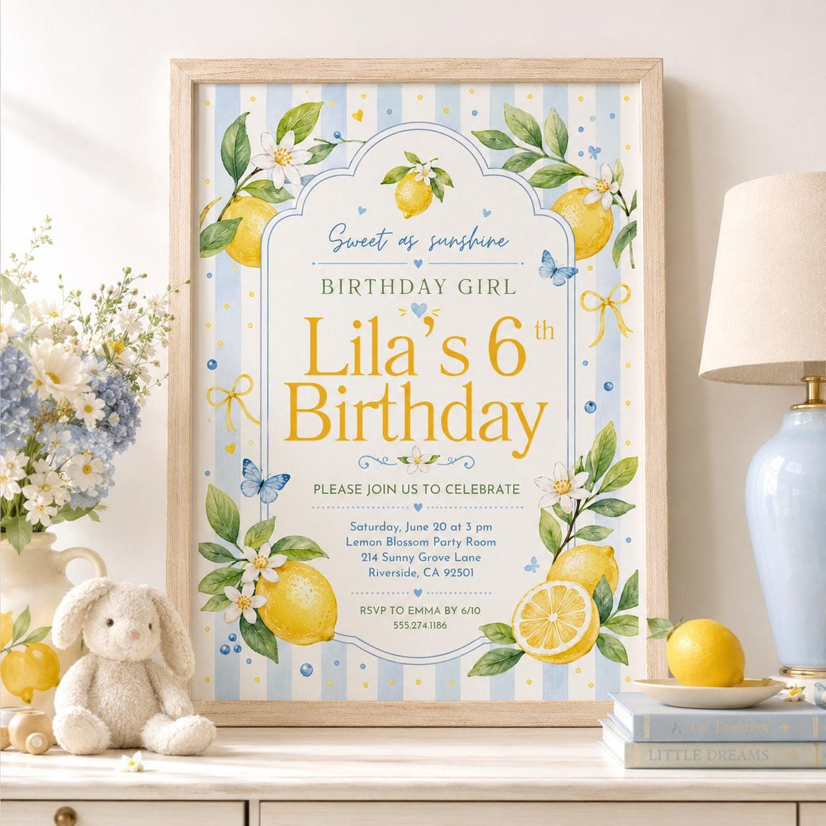 Editable Lemon Freshly 6th Graduation Invitation Canva Template, Girls Kids Cute Fun DIY Chic Teen Party Invite, Printable Digital Download.