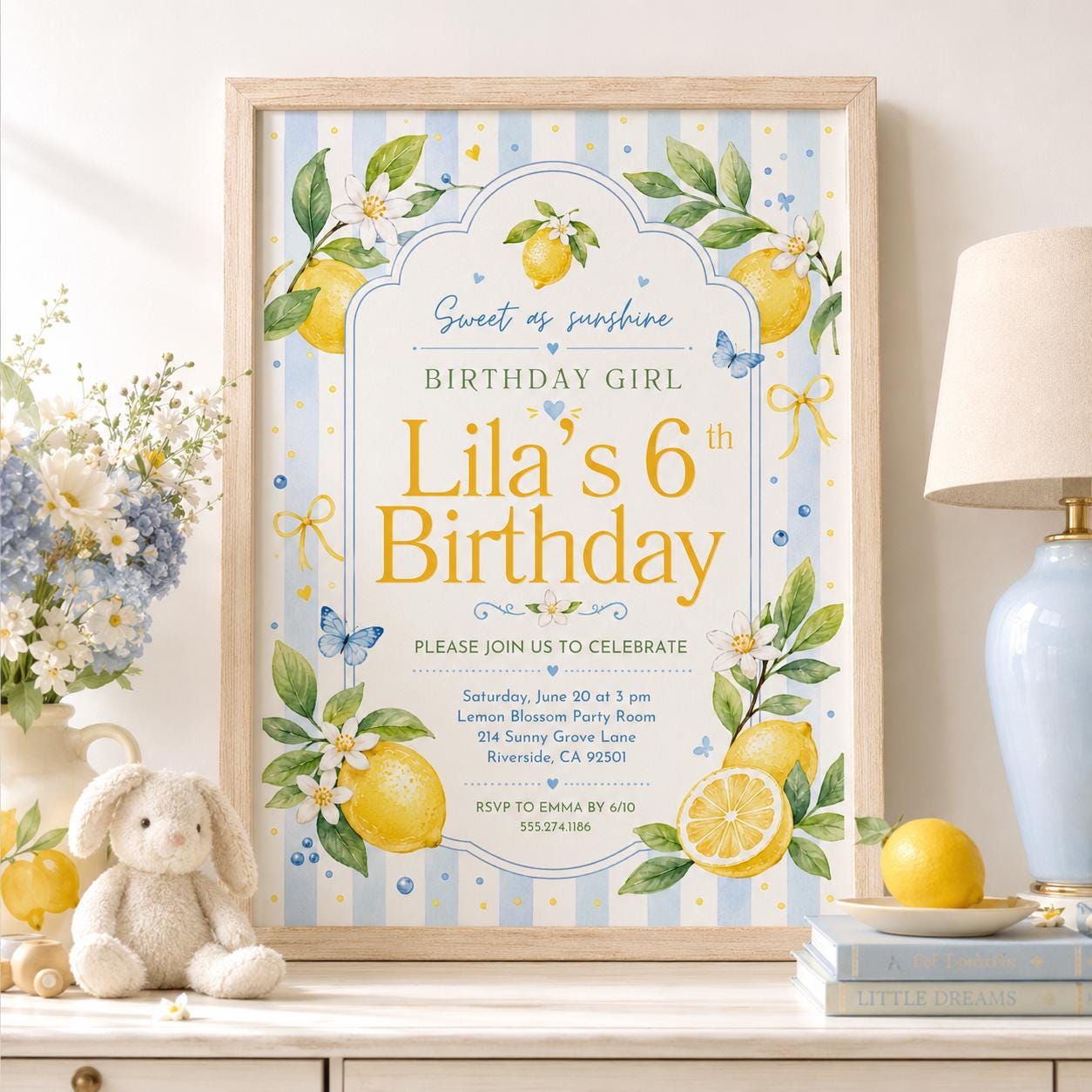Editable Lemon Freshly 6th Graduation Invitation Canva Template, Girls Kids Cute Fun DIY Chic Teen Party Invite, Printable Digital Download.
