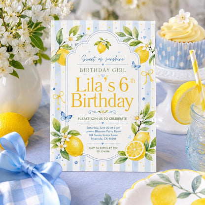 Editable Lemon Freshly 6th Graduation Invitation Canva Template, Girls Kids Cute Fun DIY Chic Teen Party Invite, Printable Digital Download.