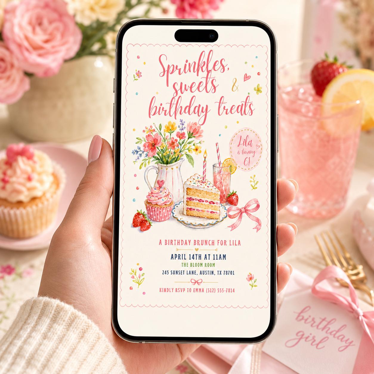 Editable Floral Birthday Invitation Canva Template, Pink Girls Kids Adult Floral Cute Fun DIY Chic Party Invite, Printable Digital Download.