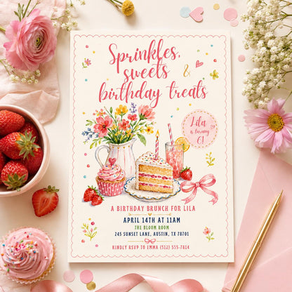Editable Floral Birthday Invitation Canva Template, Pink Girls Kids Adult Floral Cute Fun DIY Chic Party Invite, Printable Digital Download.