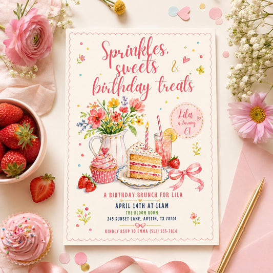 Editable Floral Birthday Invitation Canva Template, Pink Girls Kids Adult Floral Cute Fun DIY Chic Party Invite, Printable Digital Download.