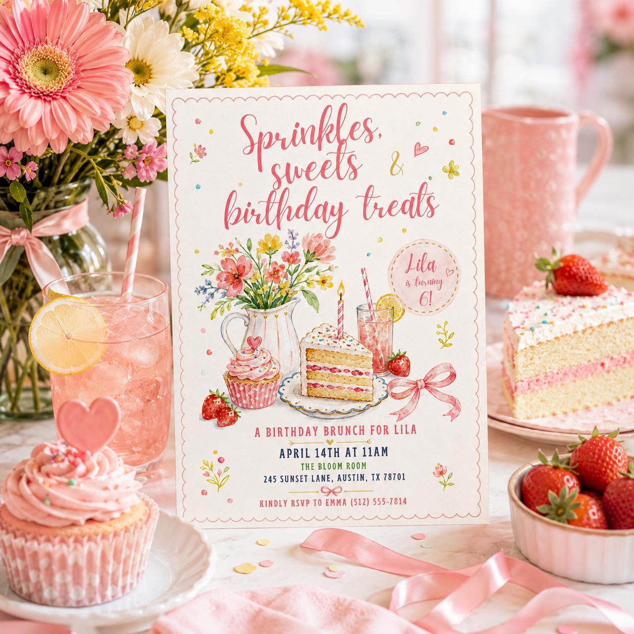 Editable Floral Birthday Invitation Canva Template, Pink Girls Kids Adult Floral Cute Fun DIY Chic Party Invite, Printable Digital Download.