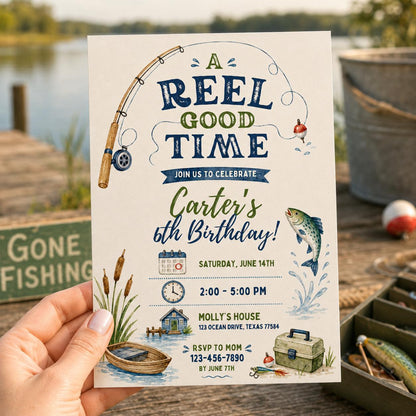 Editable Fishing Birthday Invitation Canva Template, Boys Adult Cute Modern Fun DIY Chic Kids Teen Party Invite, Printable Digital Download.