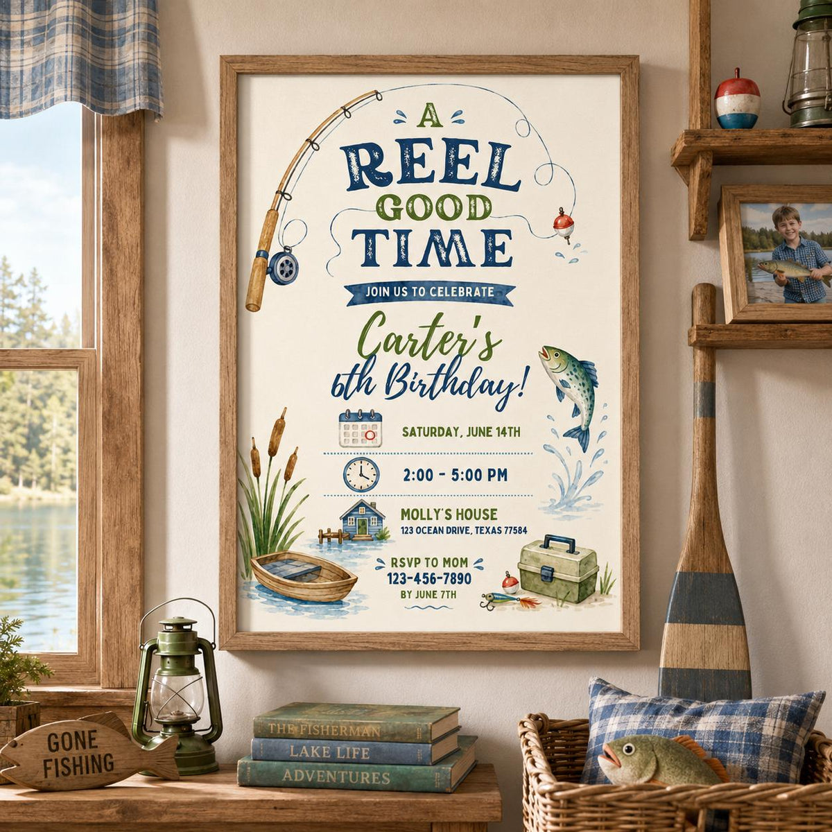 Editable Fishing Birthday Invitation Canva Template, Boys Adult Cute Modern Fun DIY Chic Kids Teen Party Invite, Printable Digital Download.
