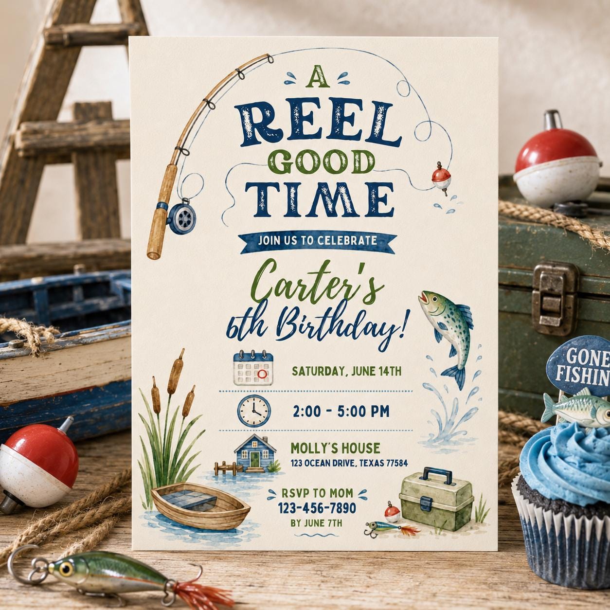 Editable Fishing Birthday Invitation Canva Template, Boys Adult Cute Modern Fun DIY Chic Kids Teen Party Invite, Printable Digital Download.