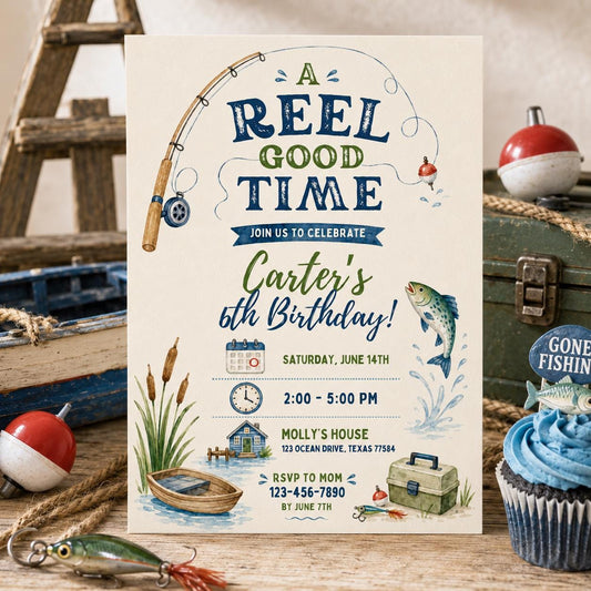 Fishing birthday invitation on a rustic table with a tackle box, bobber and cupcake