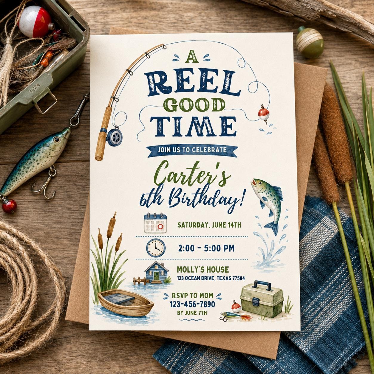 Editable Fishing Birthday Invitation Canva Template, Boys Adult Cute Modern Fun DIY Chic Kids Teen Party Invite, Printable Digital Download.