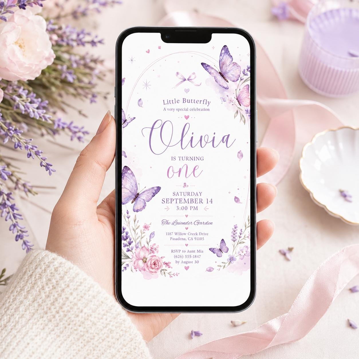 Editable Floral Birthday Invitation Canva Template, Purple Girls Cute Fun DIY Sweet Chic Kids Teen Party Invite, Printable Digital Download.