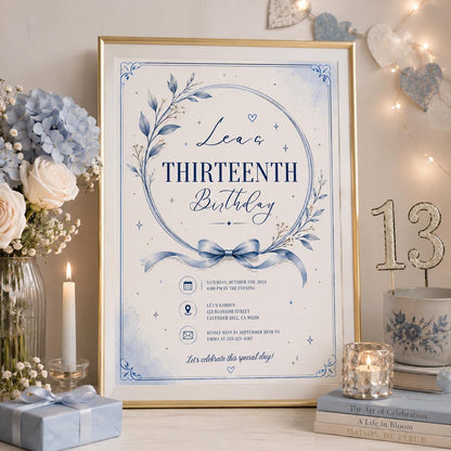 Editable Blue Bow Birthday Invitation Canva Template, Luxury Floral Girls Kids Cute Modern Fun DIY Party Invite, Printable Digital Download.