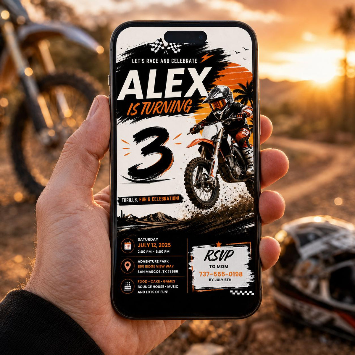 Editable Motocross Birthday Invitation Canva Template, Boys Kids Cute Modern Fun Themed Custom DIY Party Invite, Printable Digital Download.
