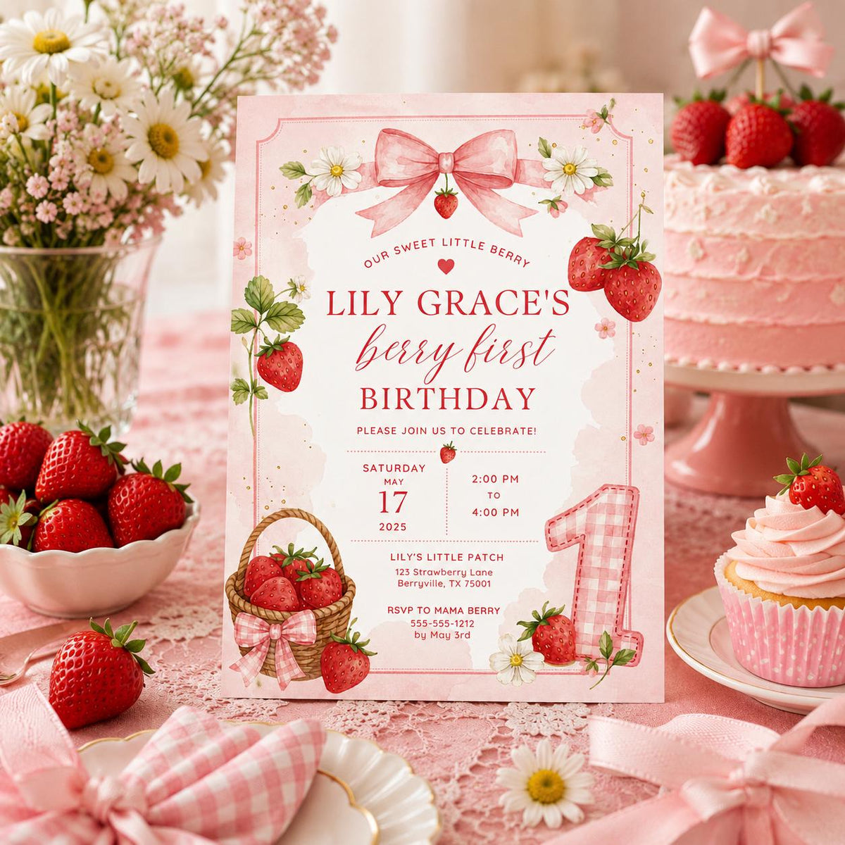 Editable Berry First Birthday Invitation Canva Template, Girls Kids Cute Modern Fun DIY Sweet Chic Party Invite, Printable Digital Download.