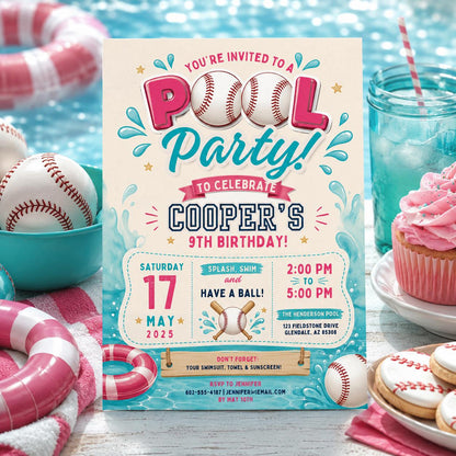 Editable Baseball Pool Birthday Invitation Canva Template, Cream Teens Pool Cute Fun DIY Chic Kids Party Invite, Printable Digital Download.