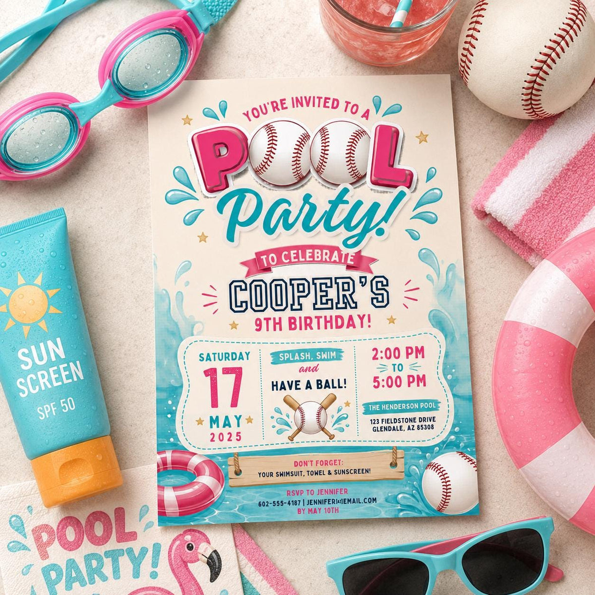 Editable Baseball Pool Birthday Invitation Canva Template, Cream Teens Pool Cute Fun DIY Chic Kids Party Invite, Printable Digital Download.