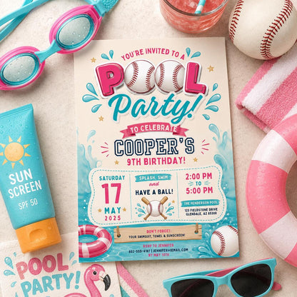 Editable Baseball Pool Birthday Invitation Canva Template, Cream Teens Pool Cute Fun DIY Chic Kids Party Invite, Printable Digital Download.