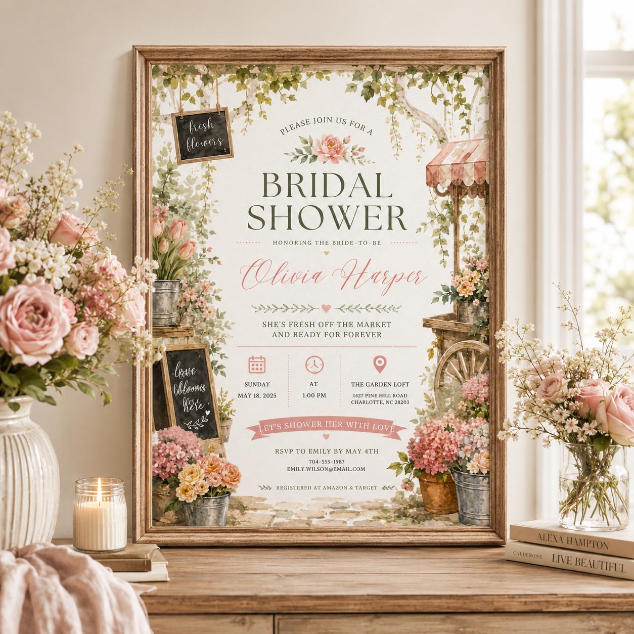 Editable Farmers Market Bridal Shower Invitation Canva Template, Adult Cute Fun DIY Chic Kids Teen Party Invite, Printable Digital Download.
