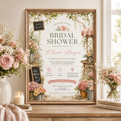 Editable Farmers Market Bridal Shower Invitation Canva Template, Adult Cute Fun DIY Chic Kids Teen Party Invite, Printable Digital Download.