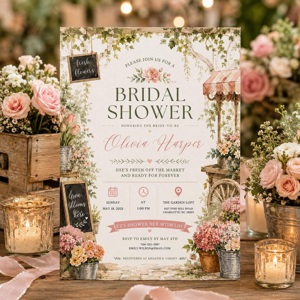 Editable Farmers Market Bridal Shower Invitation Canva Template, Adult Cute Fun DIY Chic Kids Teen Party Invite, Printable Digital Download.
