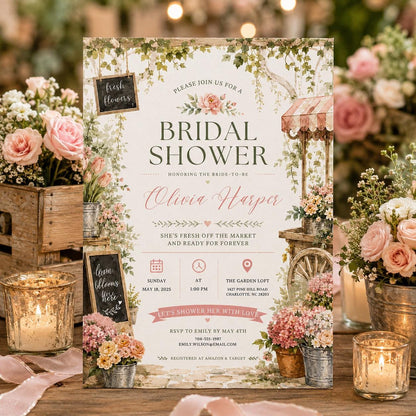 Editable Farmers Market Bridal Shower Invitation Canva Template, Adult Cute Fun DIY Chic Kids Teen Party Invite, Printable Digital Download.