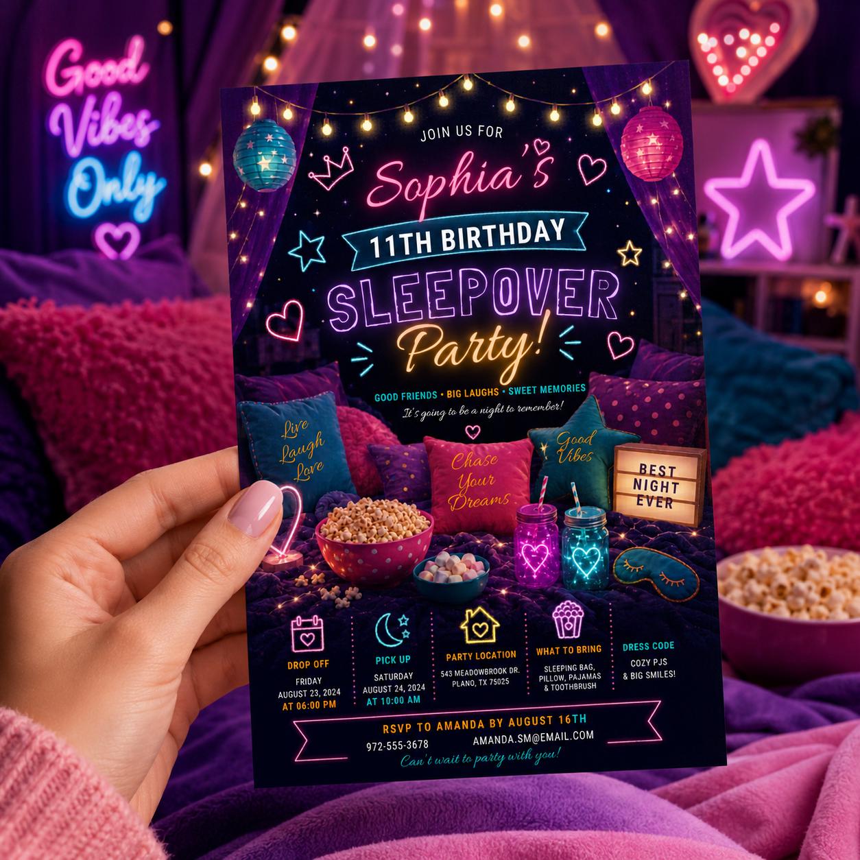Editable Sleepover Birthday Invitation Canva Template, Pink Girls Kids Teens Modern Fun Themed DIY Party Invite, Printable Digital Download.