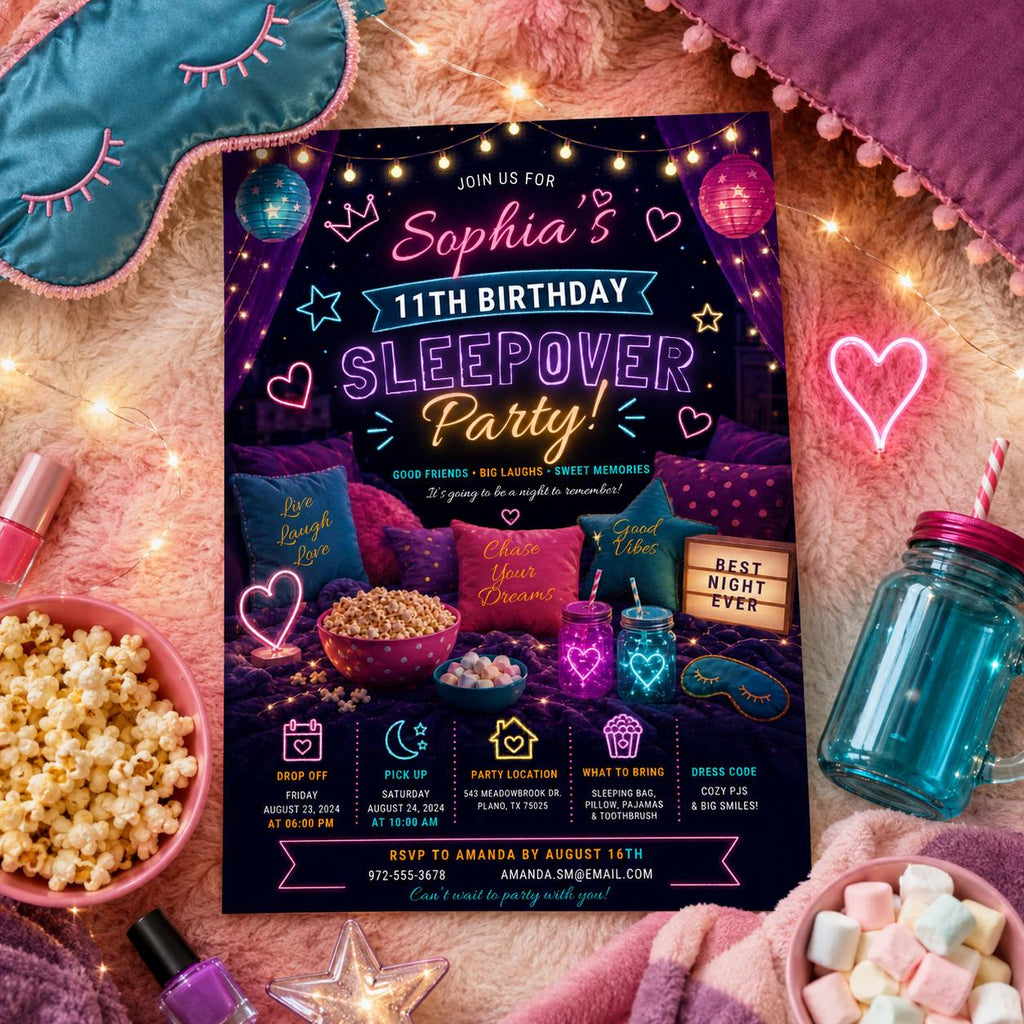 Editable Sleepover Birthday Invitation Canva Template, Pink Girls Kids Teens Modern Fun Themed DIY Party Invite, Printable Digital Download.