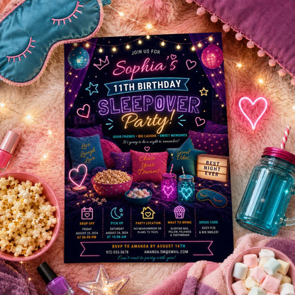Editable Sleepover Birthday Invitation Canva Template, Pink Girls Kids Teens Modern Fun Themed DIY Party Invite, Printable Digital Download.