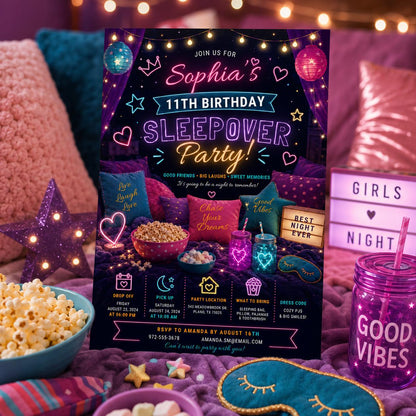 Editable Sleepover Birthday Invitation Canva Template, Pink Girls Kids Teens Modern Fun Themed DIY Party Invite, Printable Digital Download.