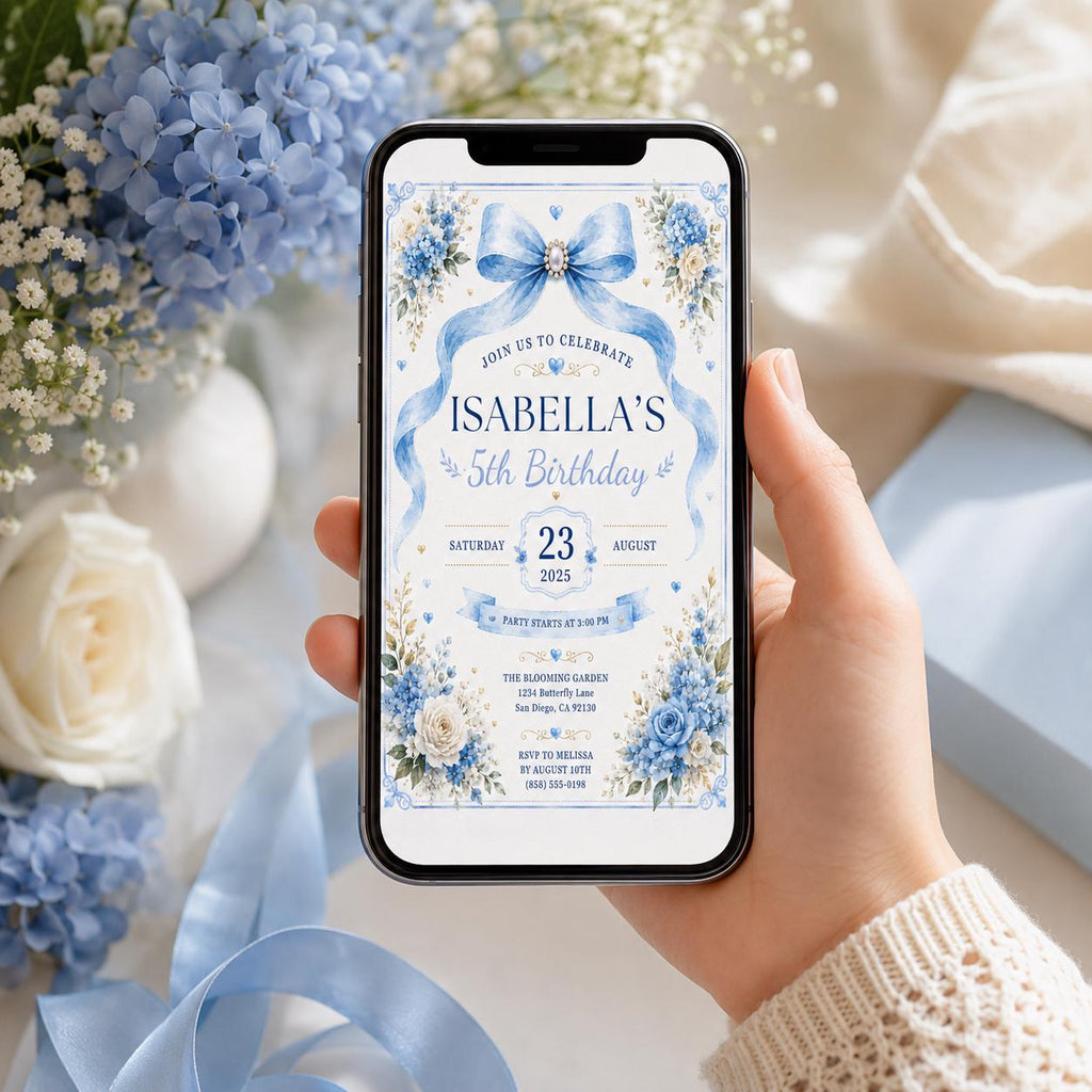 Editable Blue Bow Birthday Invitation Canva Template, Luxury Floral Girls Kids Cute Modern Fun DIY Party Invite, Printable Digital Download.