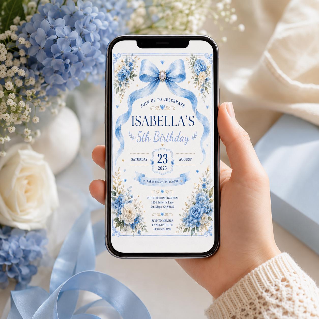 Editable Blue Bow Birthday Invitation Canva Template, Luxury Floral Girls Kids Cute Modern Fun DIY Party Invite, Printable Digital Download.