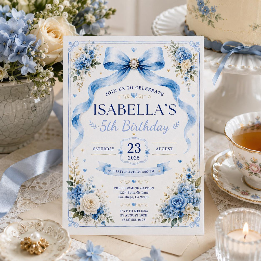 Editable Blue Bow Birthday Invitation Canva Template, Luxury Floral Girls Kids Cute Modern Fun DIY Party Invite, Printable Digital Download.