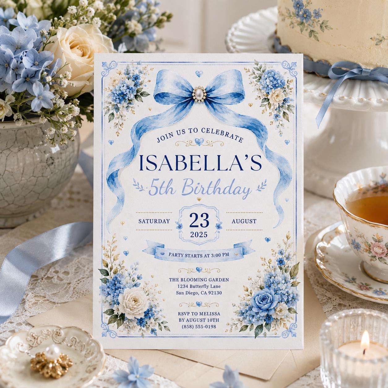 Editable Blue Bow Birthday Invitation Canva Template, Luxury Floral Girls Kids Cute Modern Fun DIY Party Invite, Printable Digital Download.