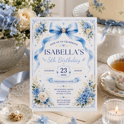 Editable Blue Bow Birthday Invitation Canva Template, Luxury Floral Girls Kids Cute Modern Fun DIY Party Invite, Printable Digital Download.