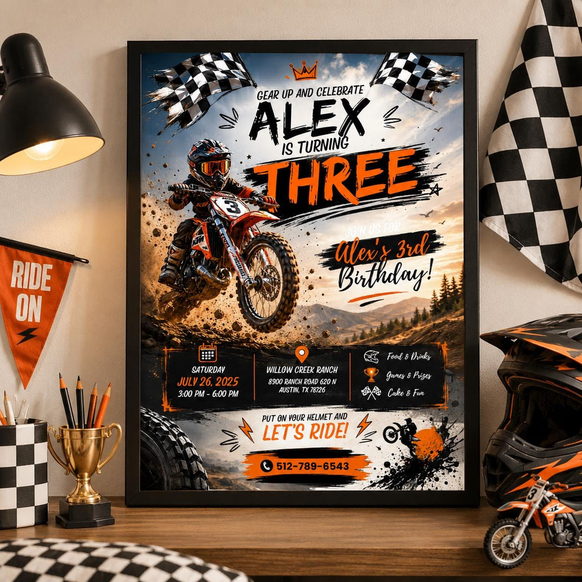 Editable Motocross Birthday Invitation Canva Template, Boys Kids Cute Modern Fun Themed Custom DIY Party Invite, Printable Digital Download.