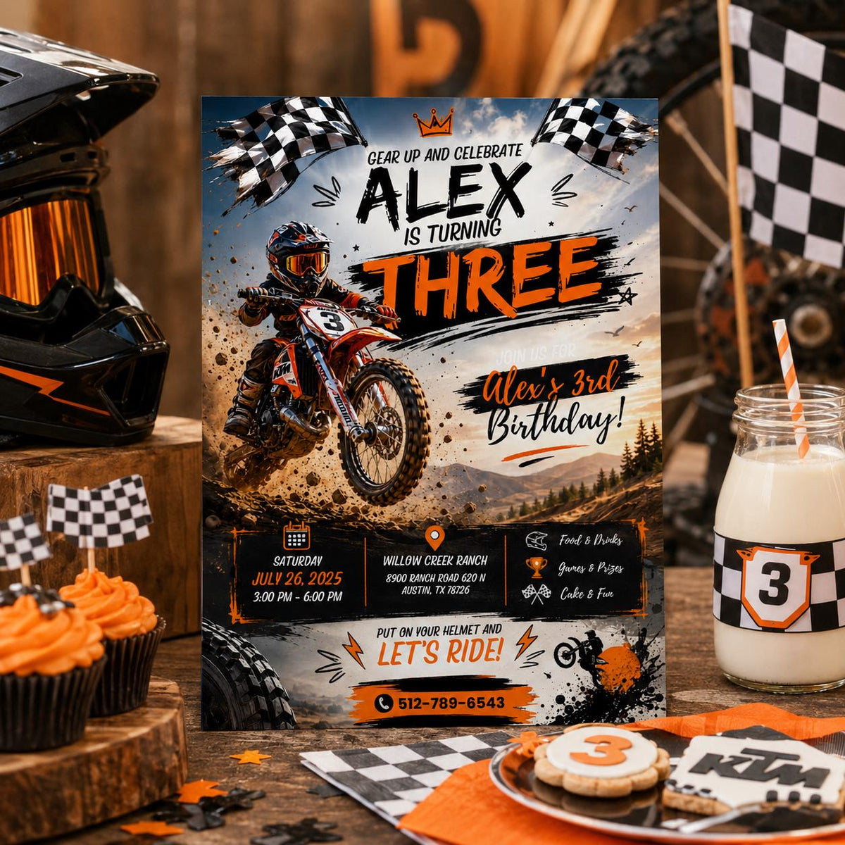 Editable Motocross Birthday Invitation Canva Template, Boys Kids Cute Modern Fun Themed Custom DIY Party Invite, Printable Digital Download.