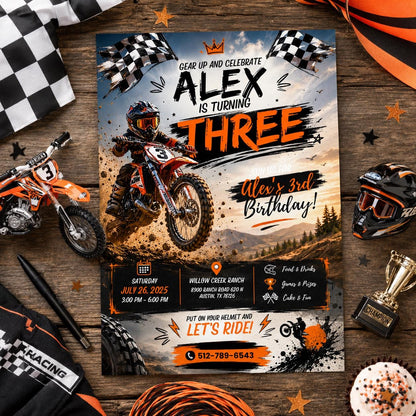 Editable Motocross Birthday Invitation Canva Template, Boys Kids Cute Modern Fun Themed Custom DIY Party Invite, Printable Digital Download.