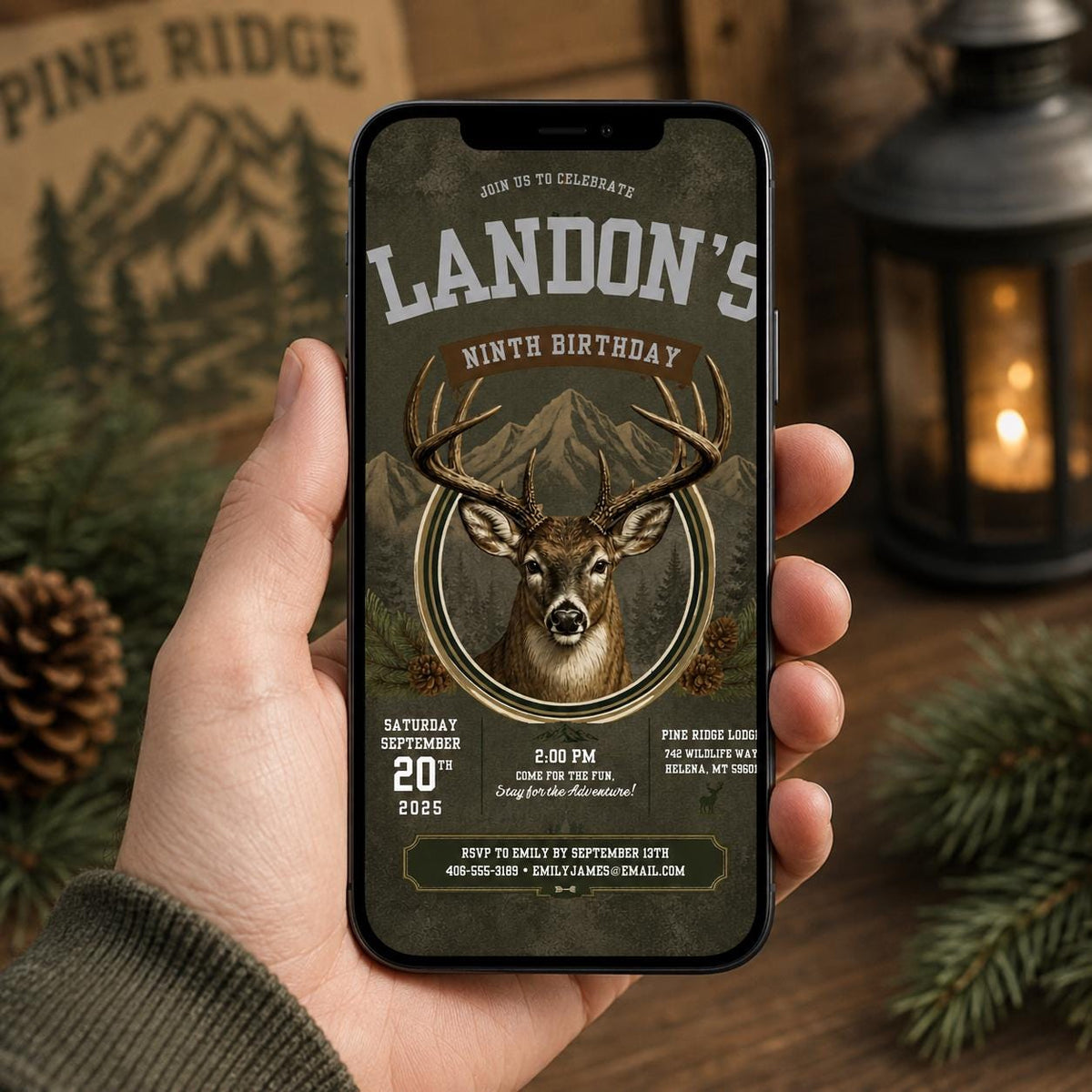 Editable Deer Hunting Birthday Invitation Canva Template, Modern Boys Deer Cute Fun DIY Sweet Chic Party Invite, Printable Digital Download.